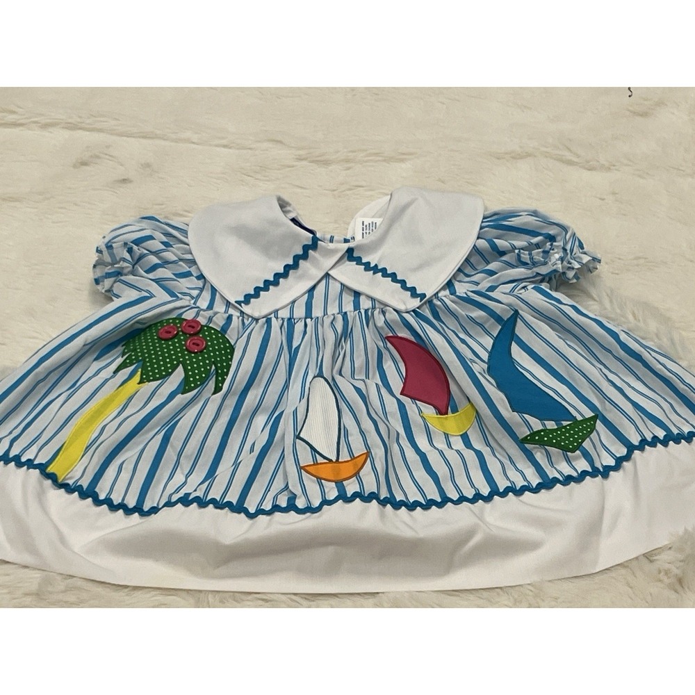 Vintage Baby Dress Nannette Beach Palm Tree Blue Dress Summer 18m Boat